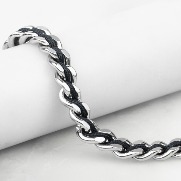 Pig& Hen, bracelet Catena Curb, navy-silver, braided nylon, closure button, front, navy | silver, detail